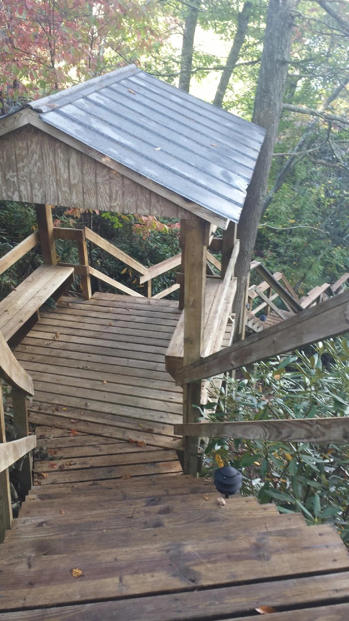 Metal roofed shelter over wooden steps on a wooded walkway — Skylight Repair & Installation work by our crew in Tillson